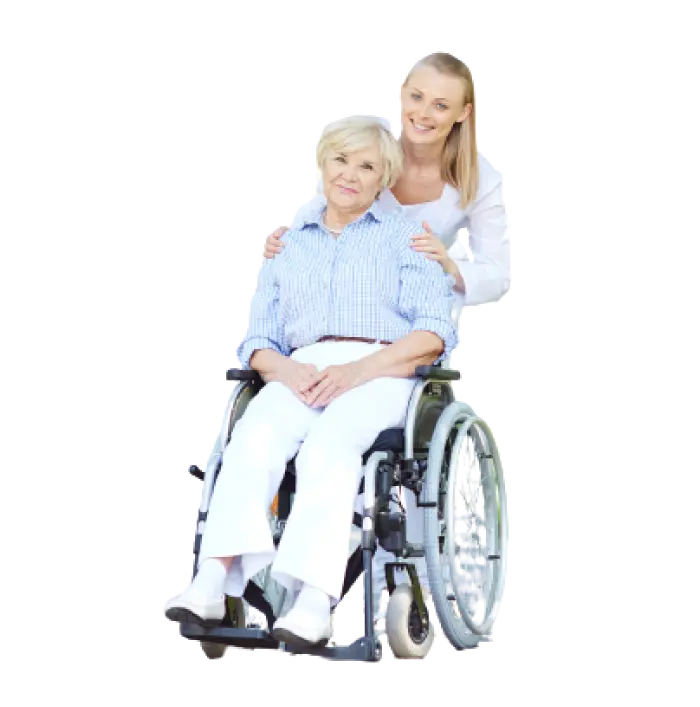 A caregiver at Everyday Home Care Reading assisting a wheelchair-bound elderderly woman